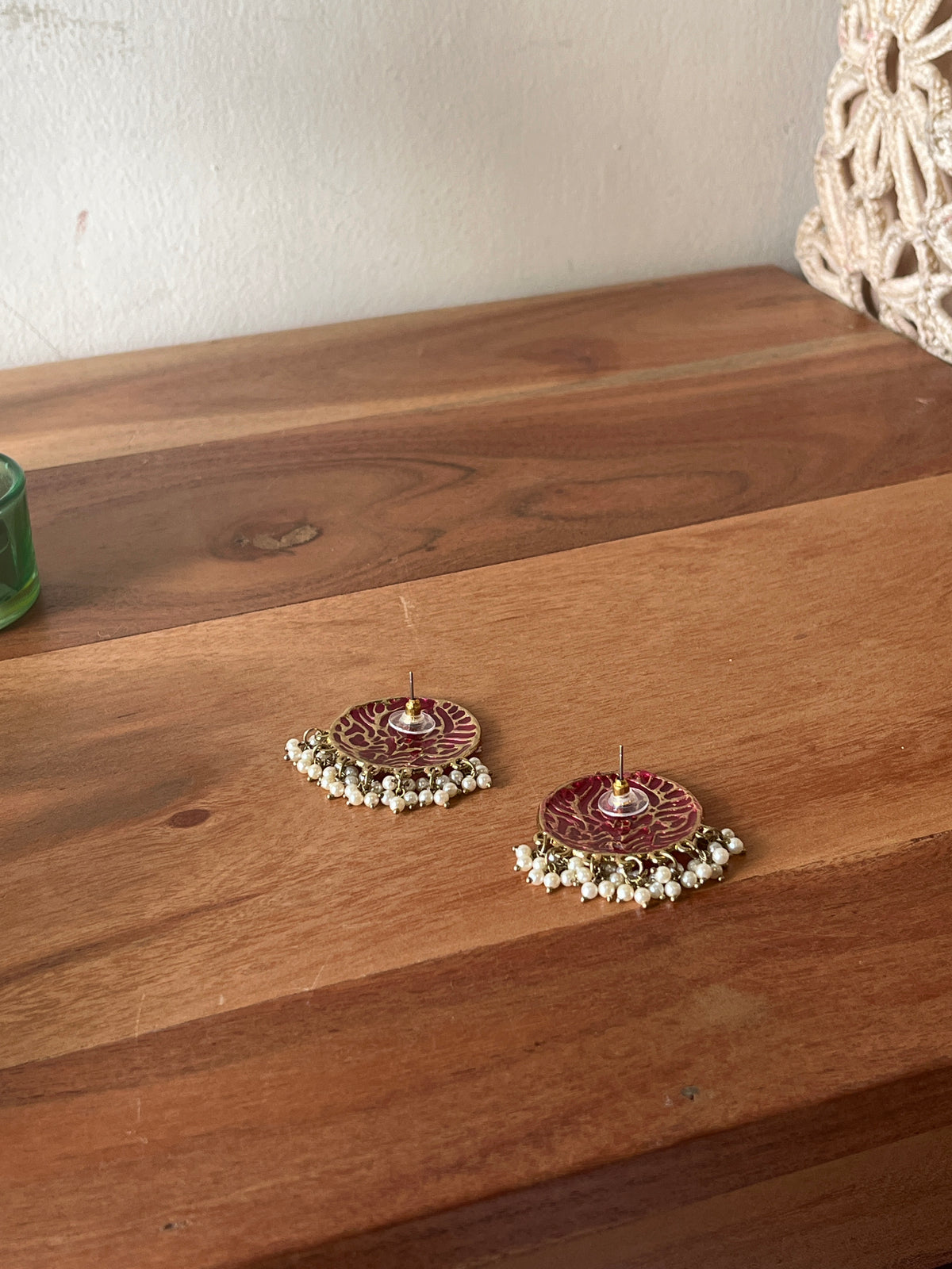 Maroon Gold Embroidered Pearl Earrings