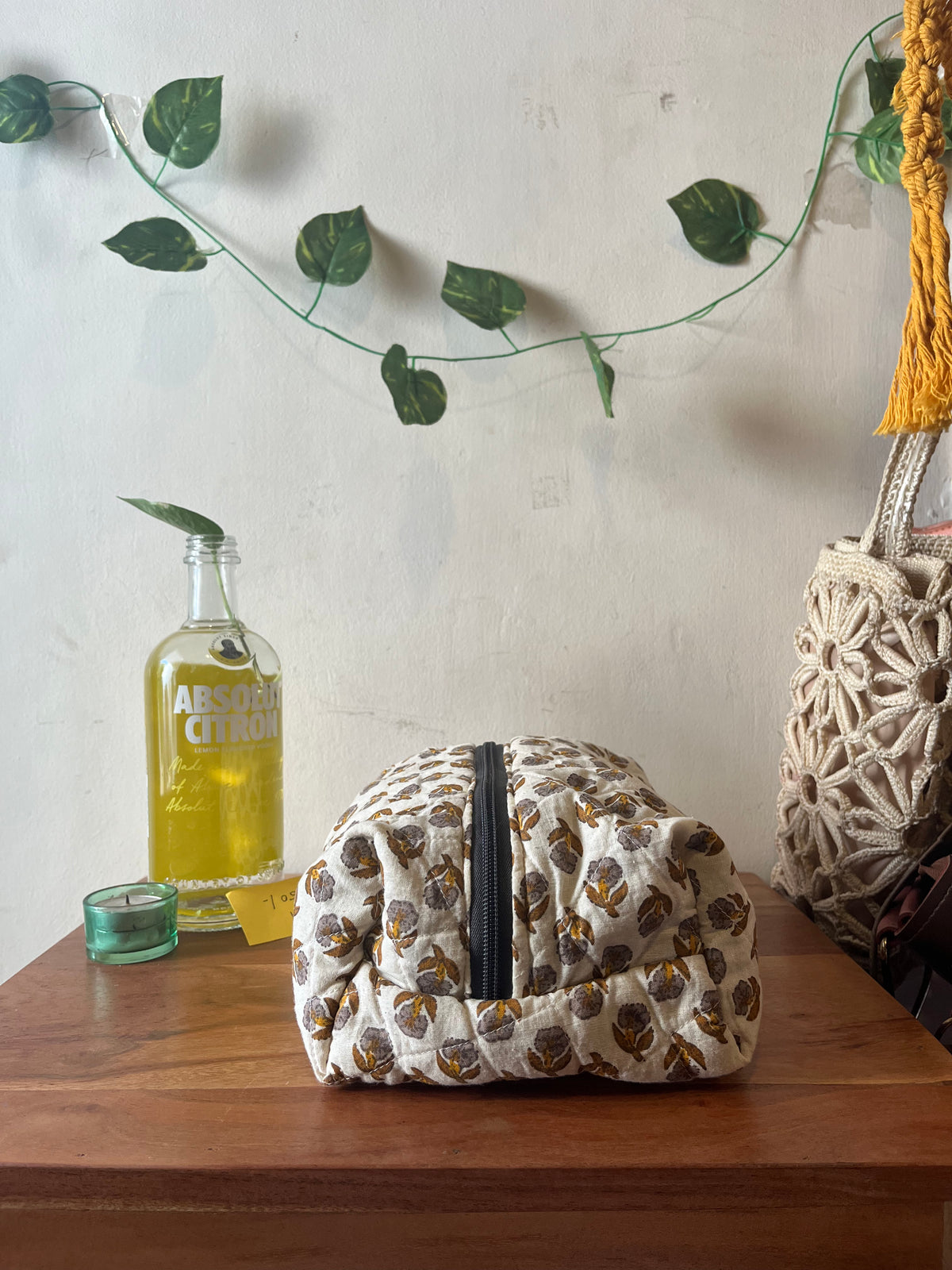 Cream Floral Handmade Travel Pouch