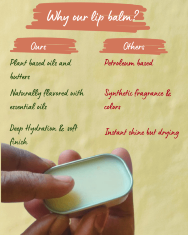 Lip balm comparison graphic above a hand holding an open aluminium tin.
