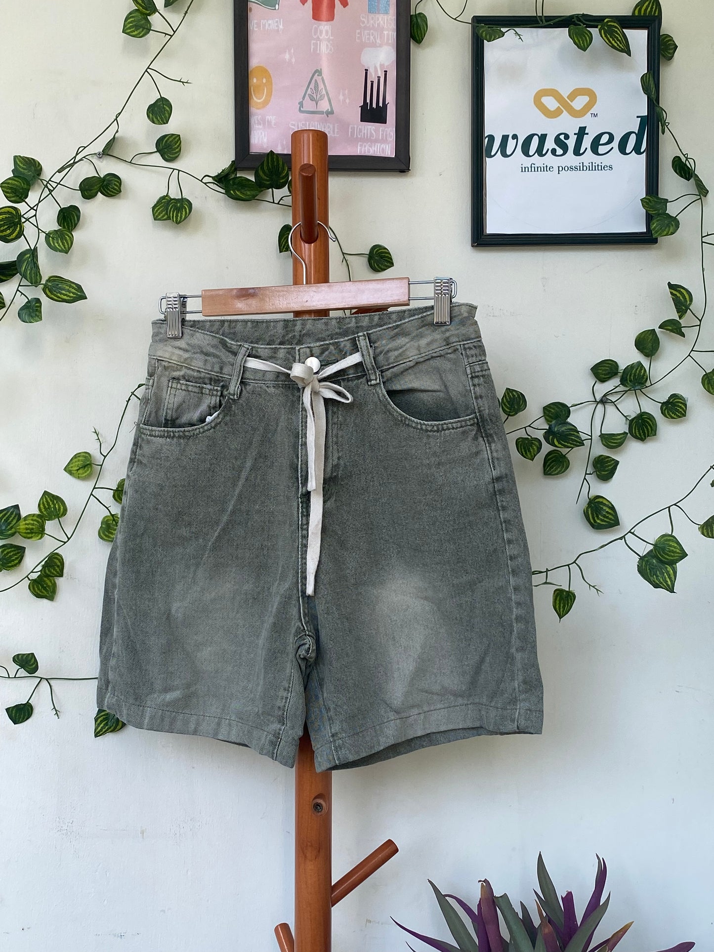 Grey Denim Drawstring Shorts