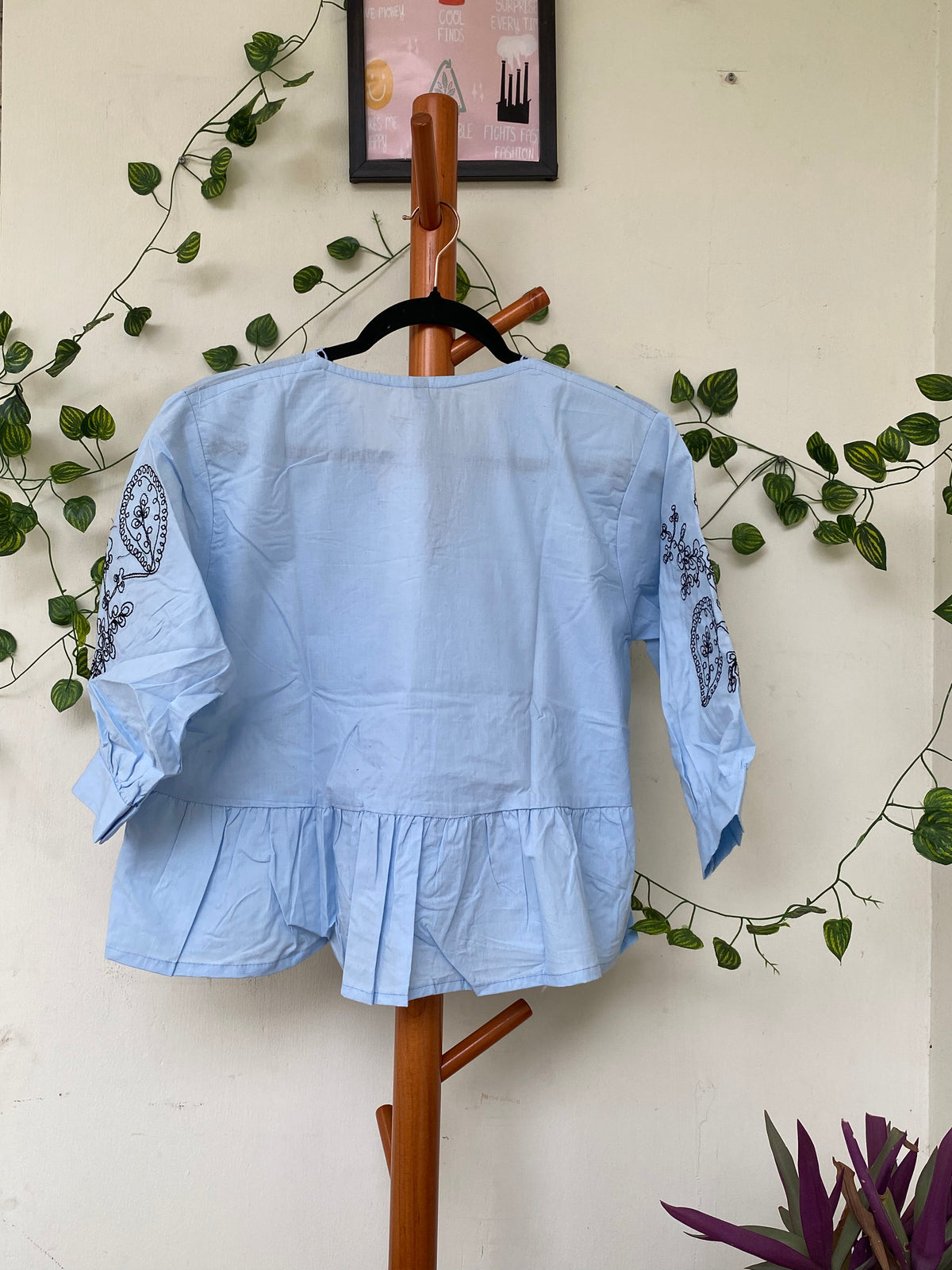 Light Blue Embroidered Peplum Top