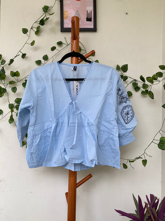 Light Blue Embroidered Peplum Top