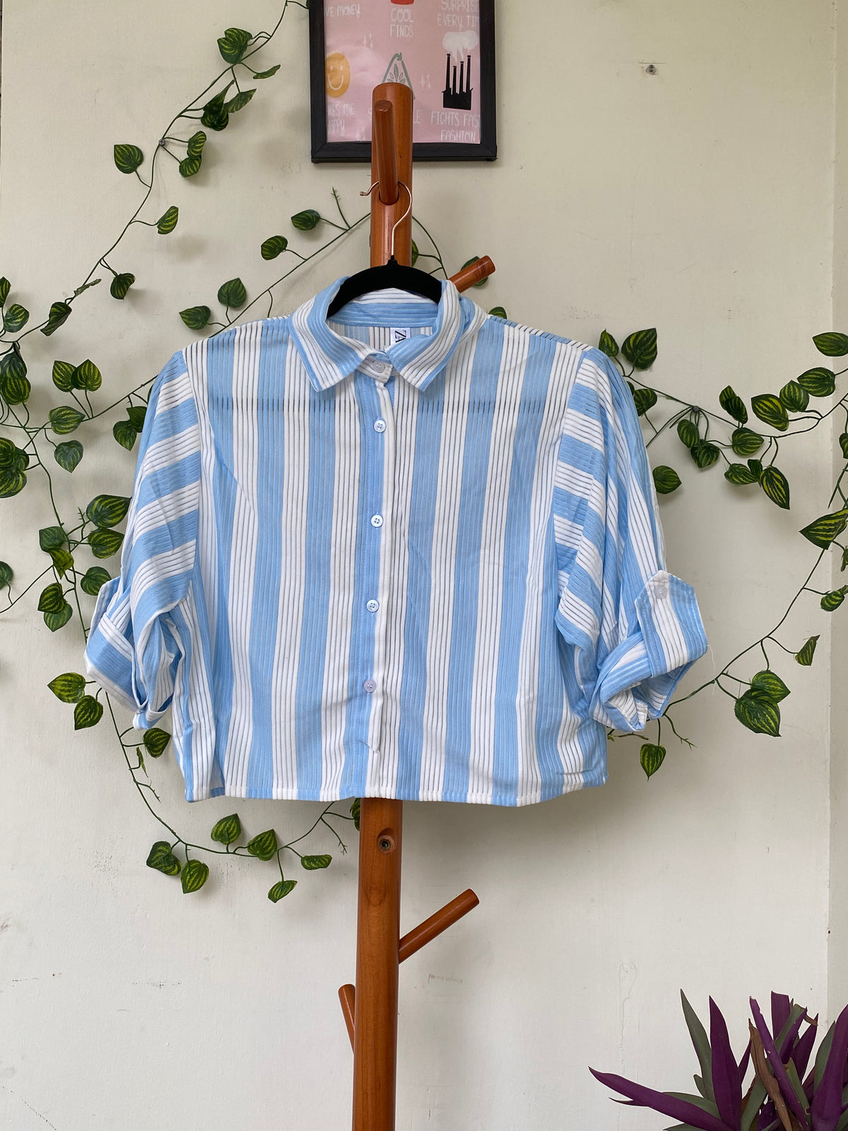 Zara Blue Striped Cropped Shirt