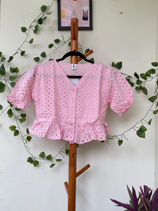 Zara Pink Eyelet Peplum Top