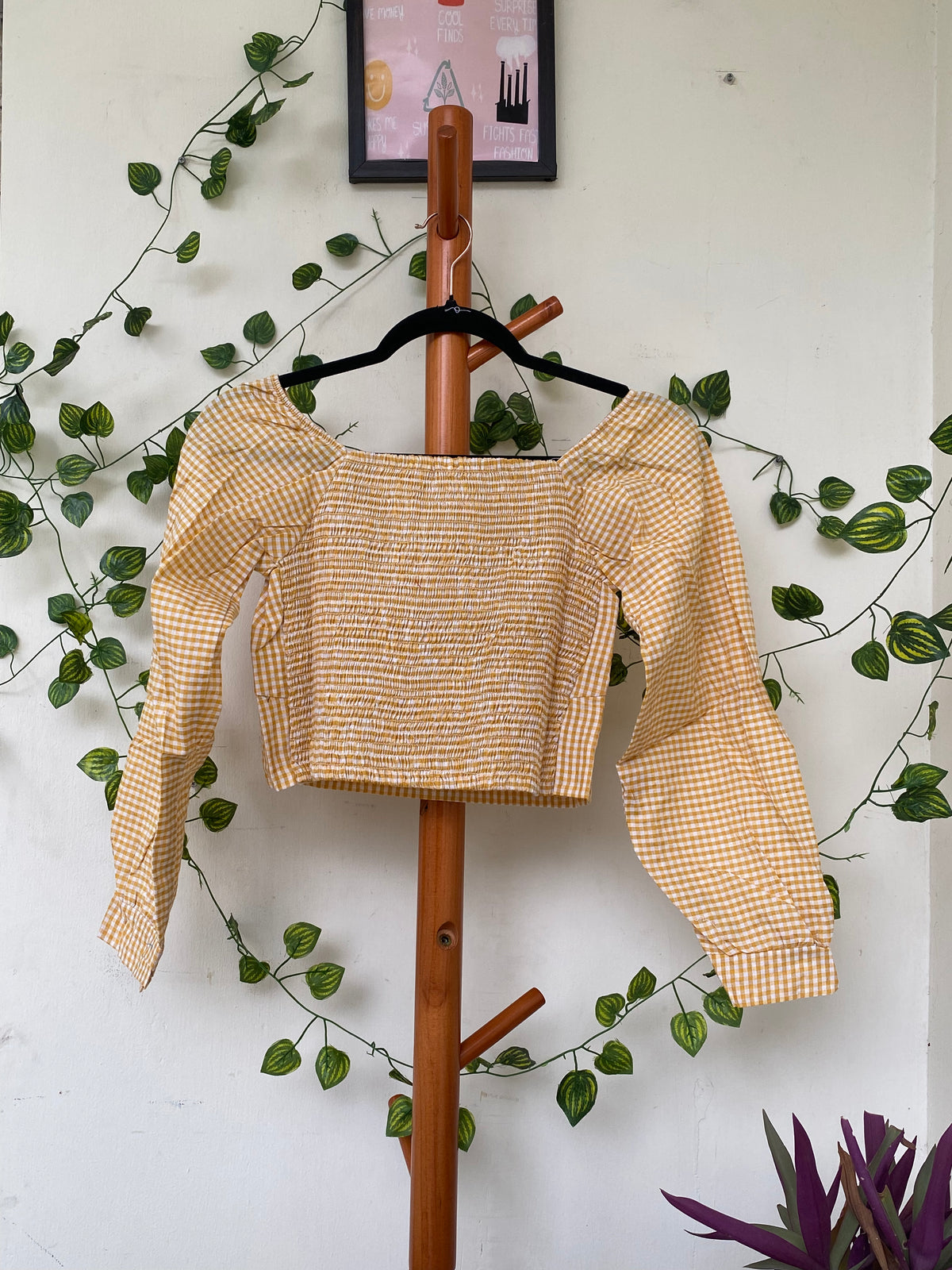 Mustard Gingham Smocked Crop Top