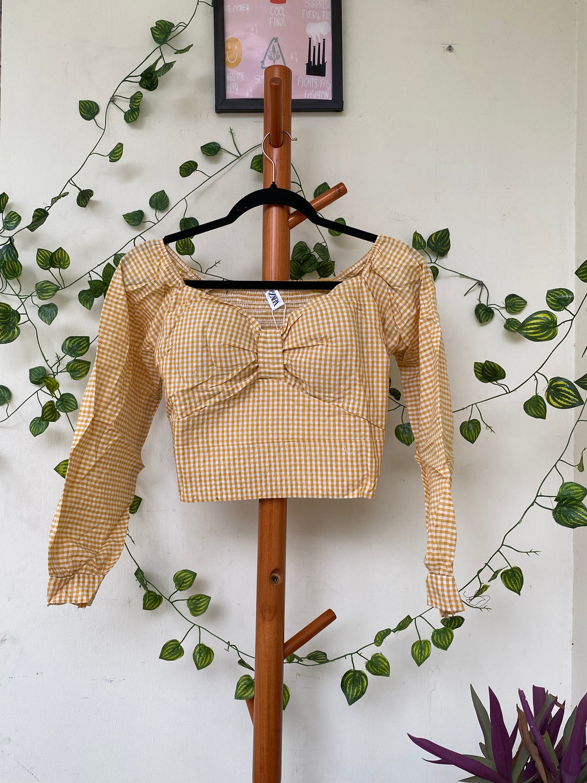 Mustard Gingham Smocked Crop Top