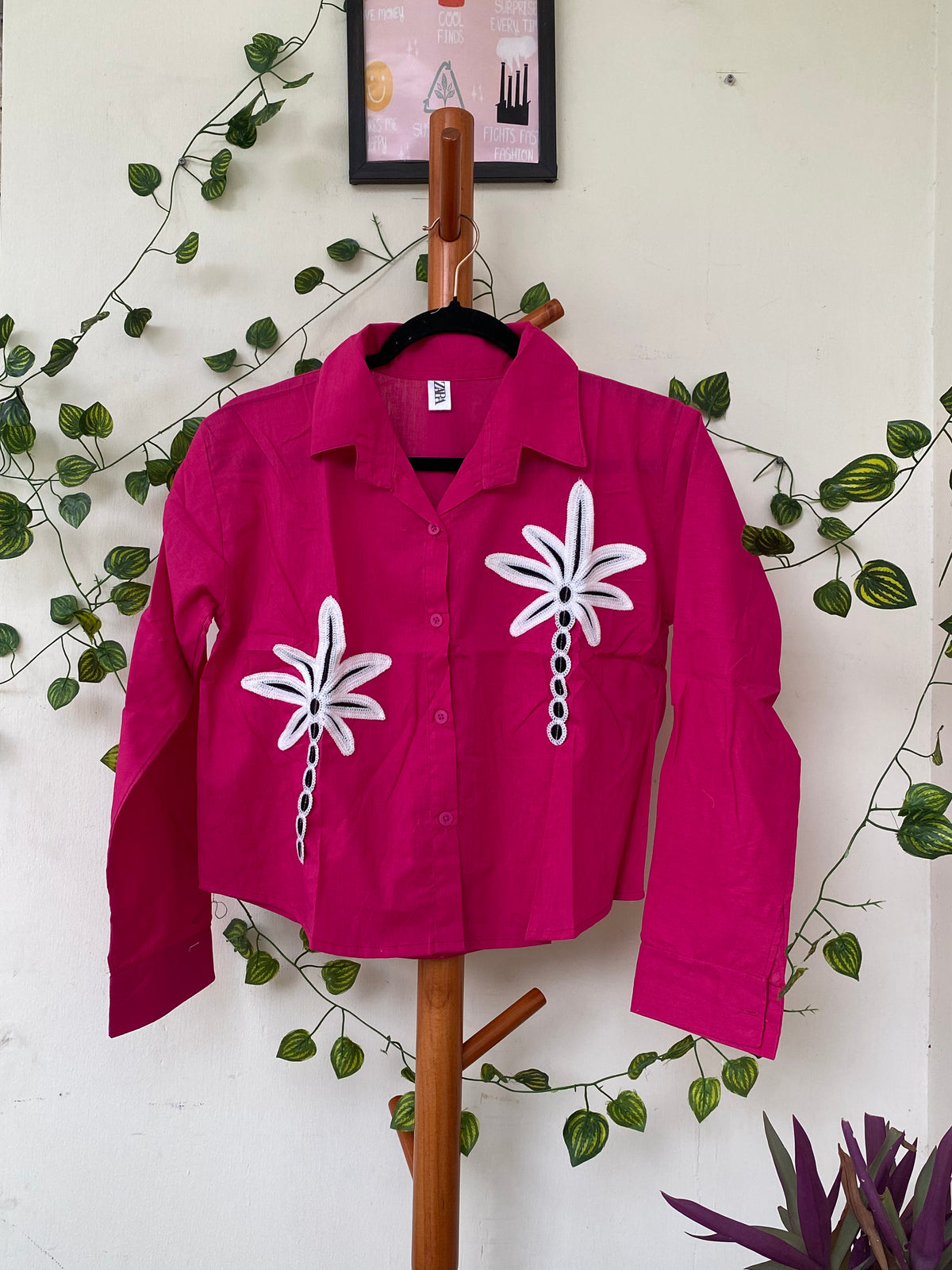 ZARA Pink Floral Appliqué Shirt