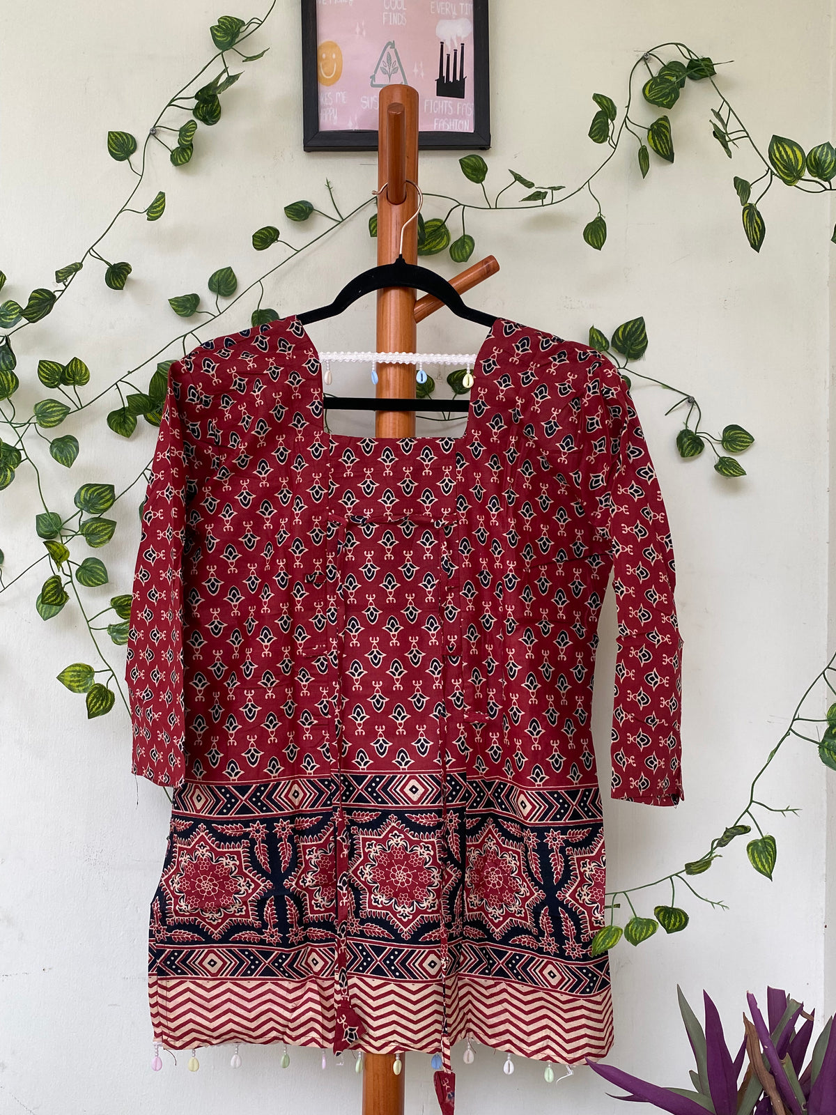 Maroon Printed Embellished Kurta