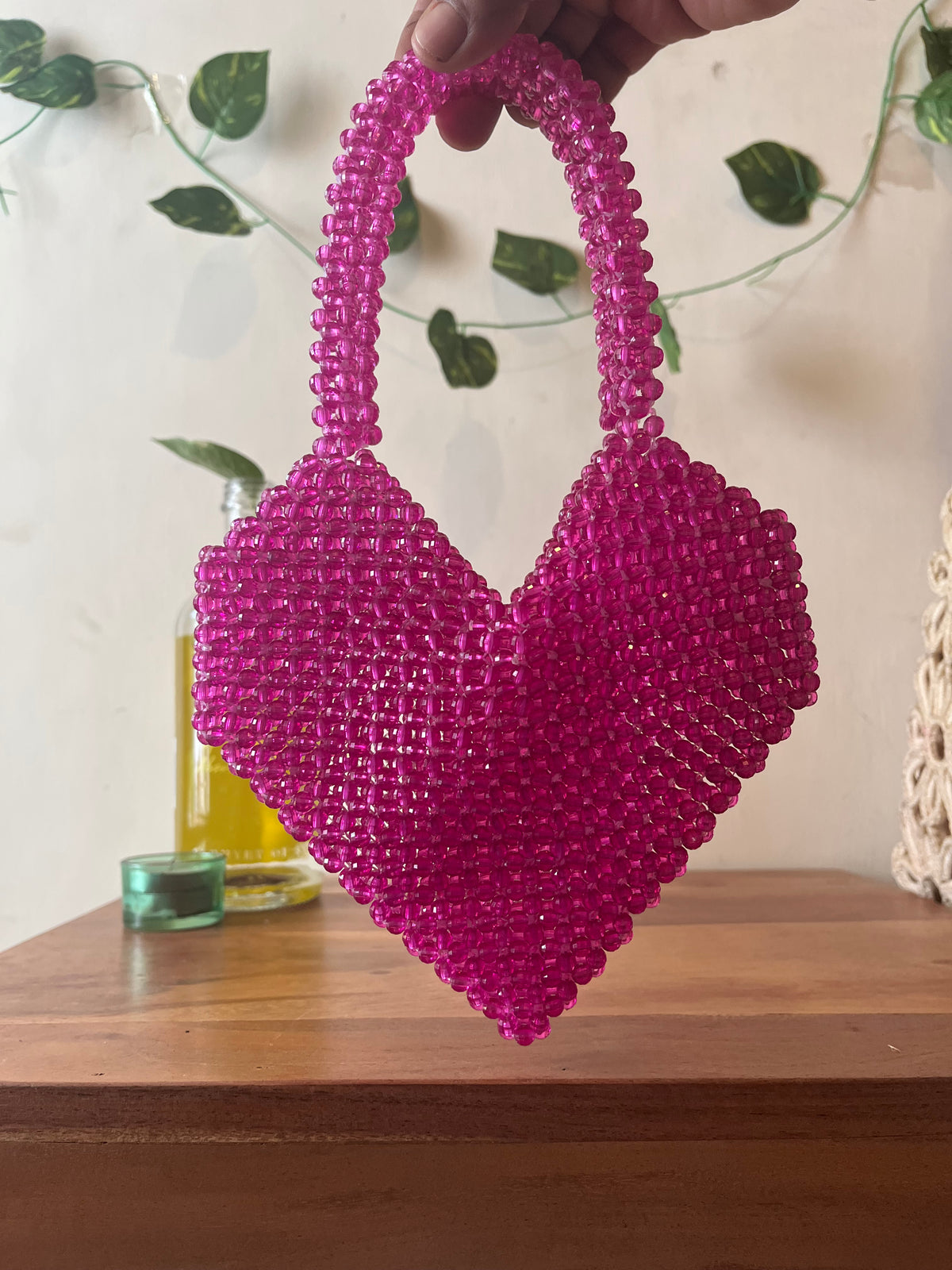 Pink Heart-Shaped Beaded Handbag