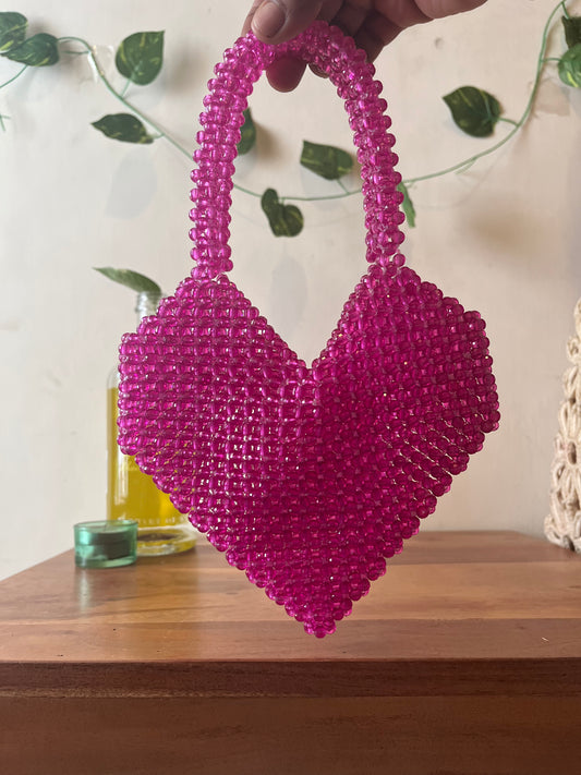 Pink Heart-Shaped Beaded Handbag