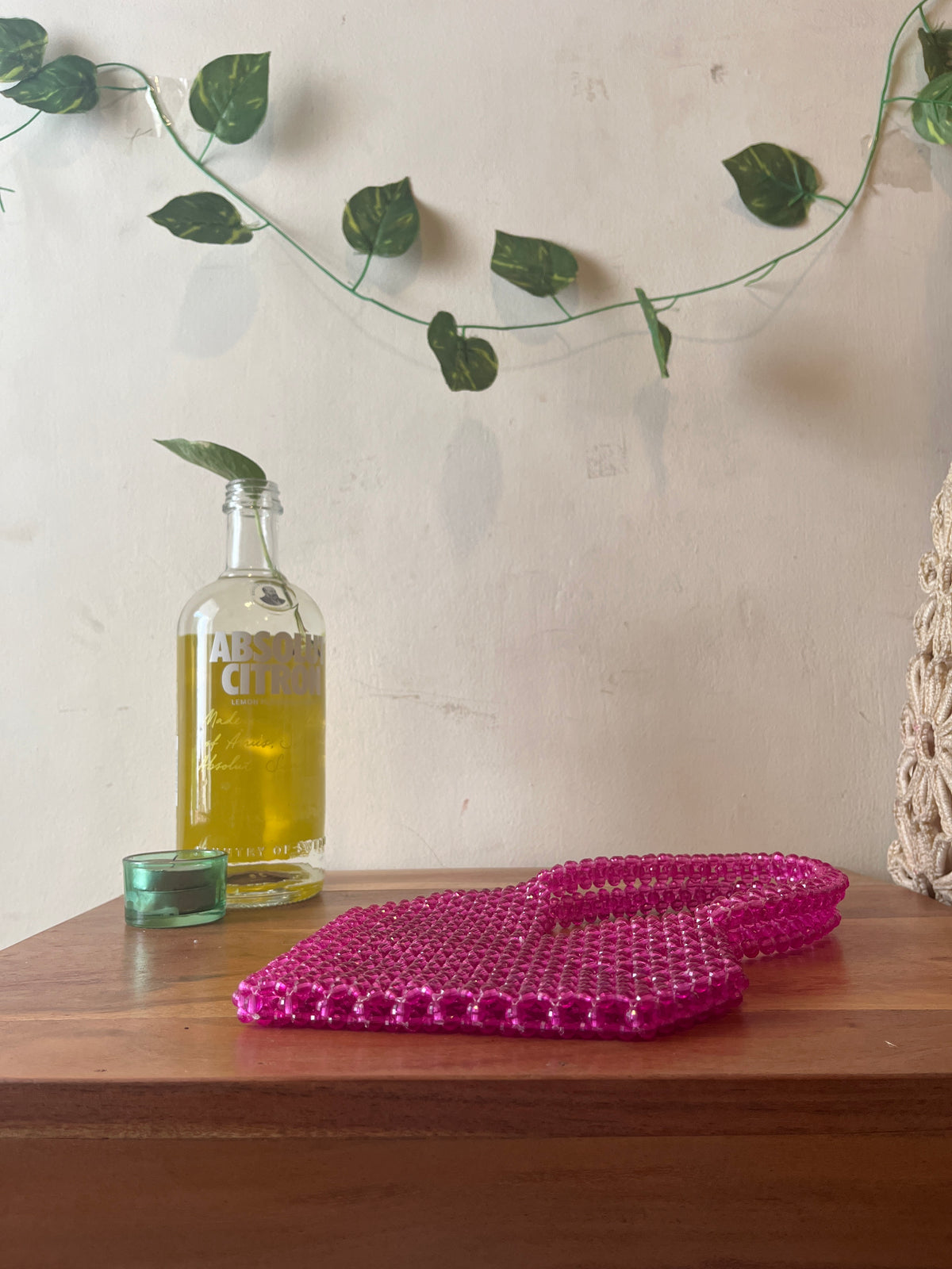 Pink Heart-Shaped Beaded Handbag