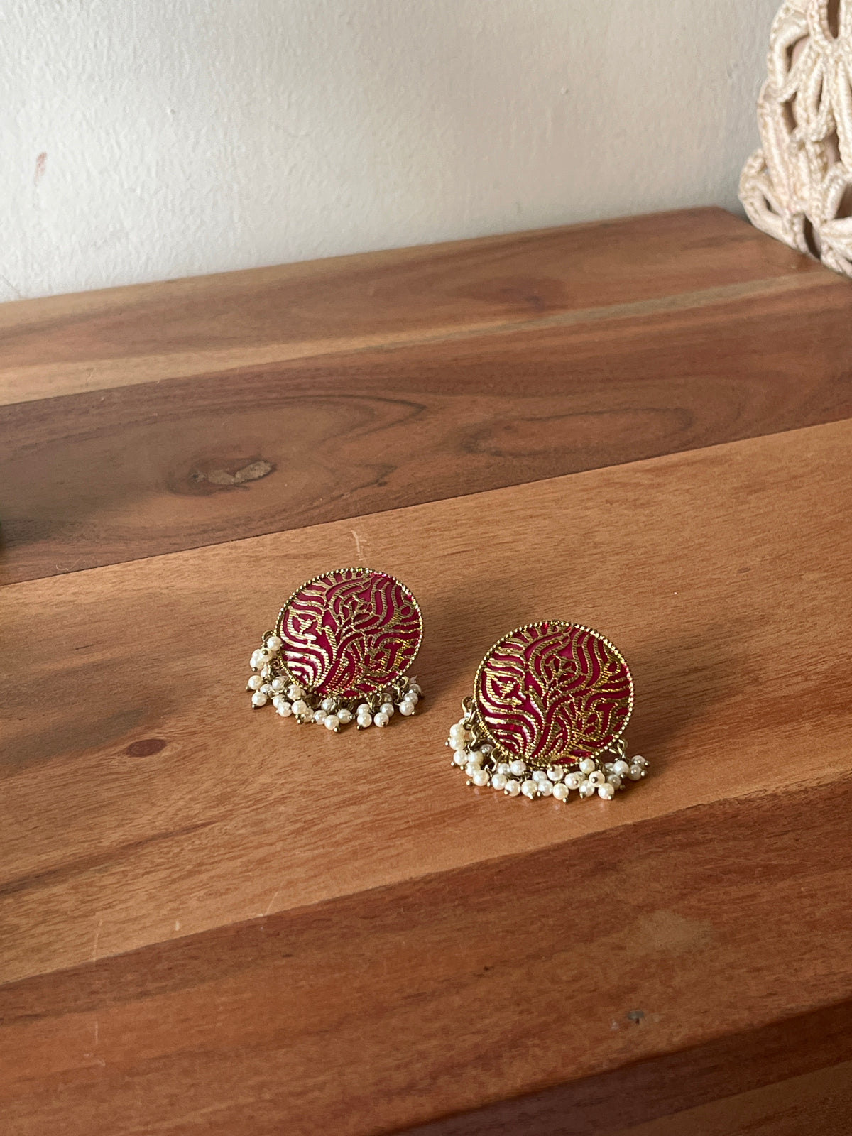 Maroon Gold Embroidered Pearl Earrings