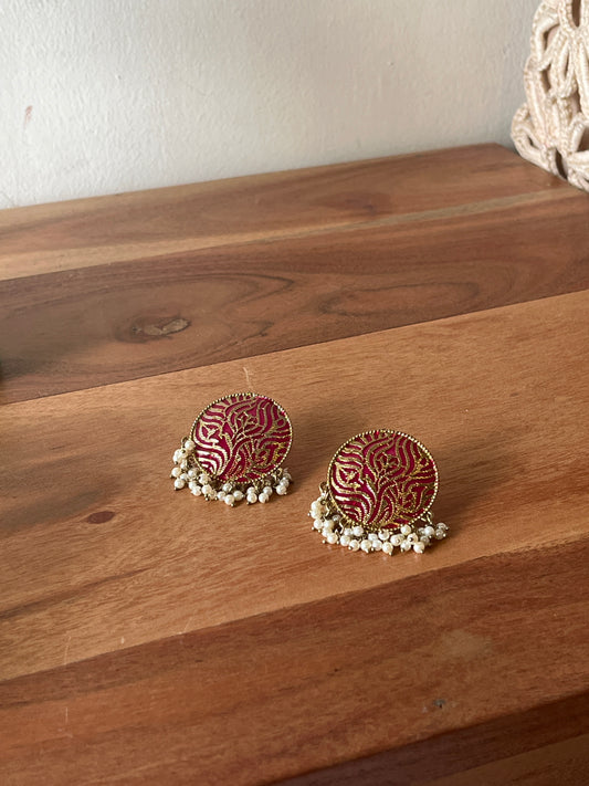 Maroon Gold Embroidered Pearl Earrings