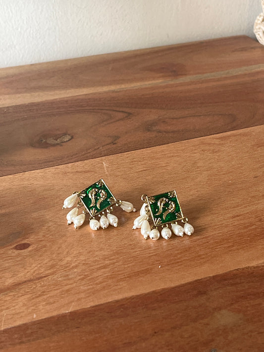 Green Enamel Gold-Tone Pearl Earrings