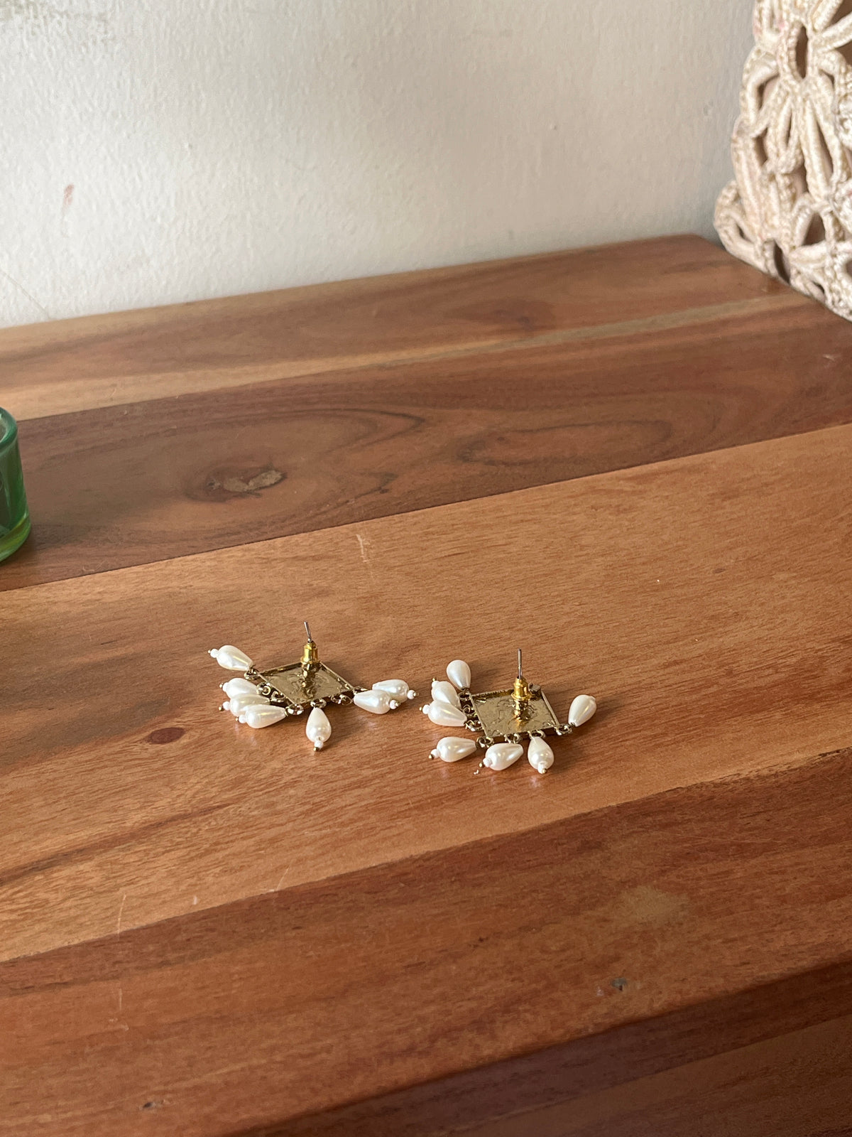 Green Enamel Gold-Tone Pearl Earrings