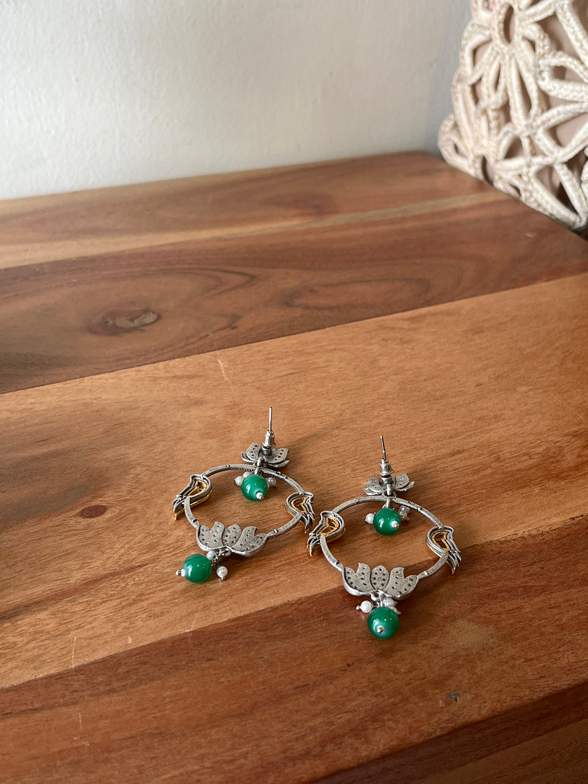 Green Beaded Oxidised Hoop Earrings