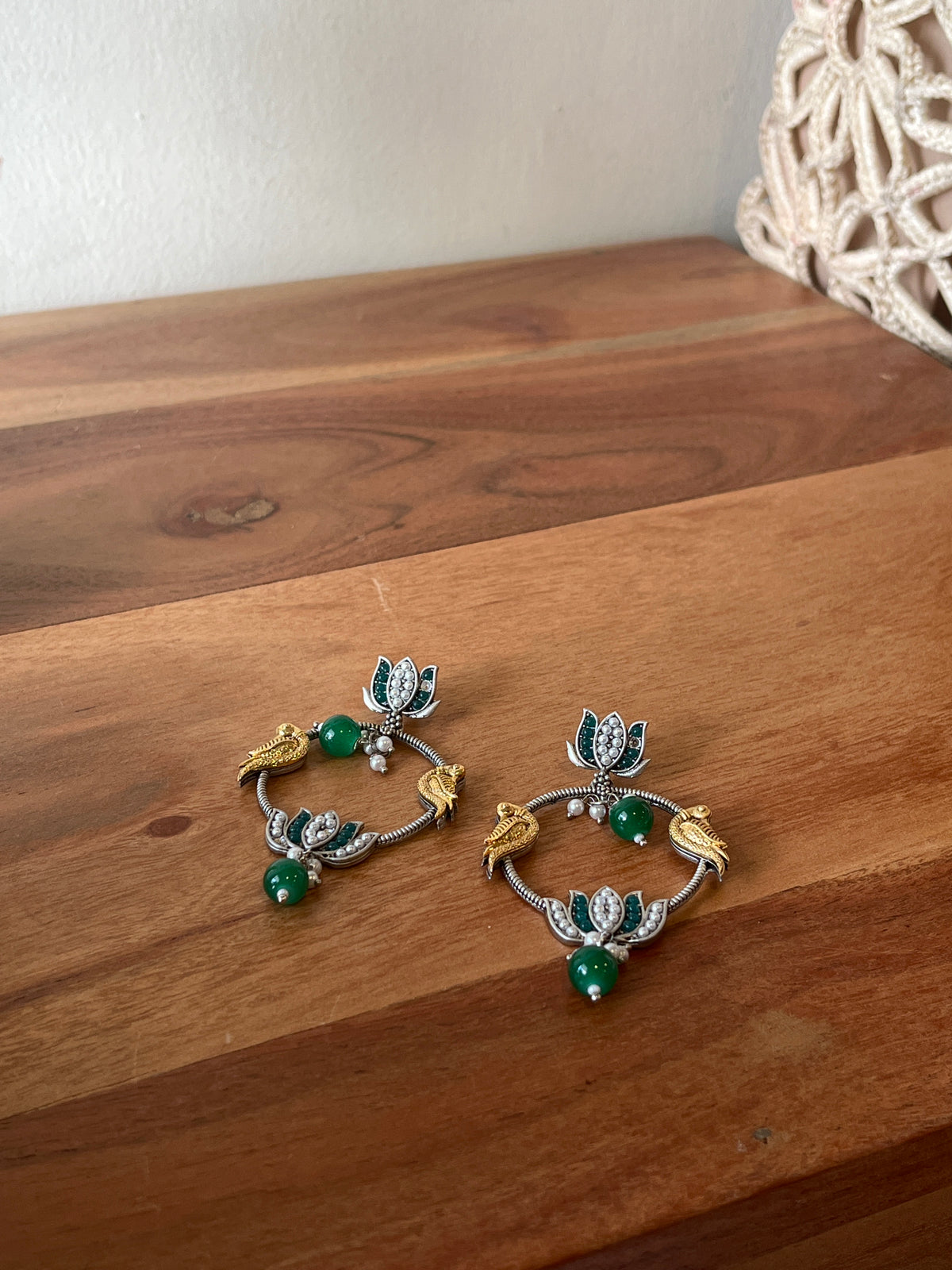 Green Beaded Oxidised Hoop Earrings