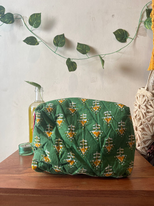 Green Handmade Printed Travel Pouch