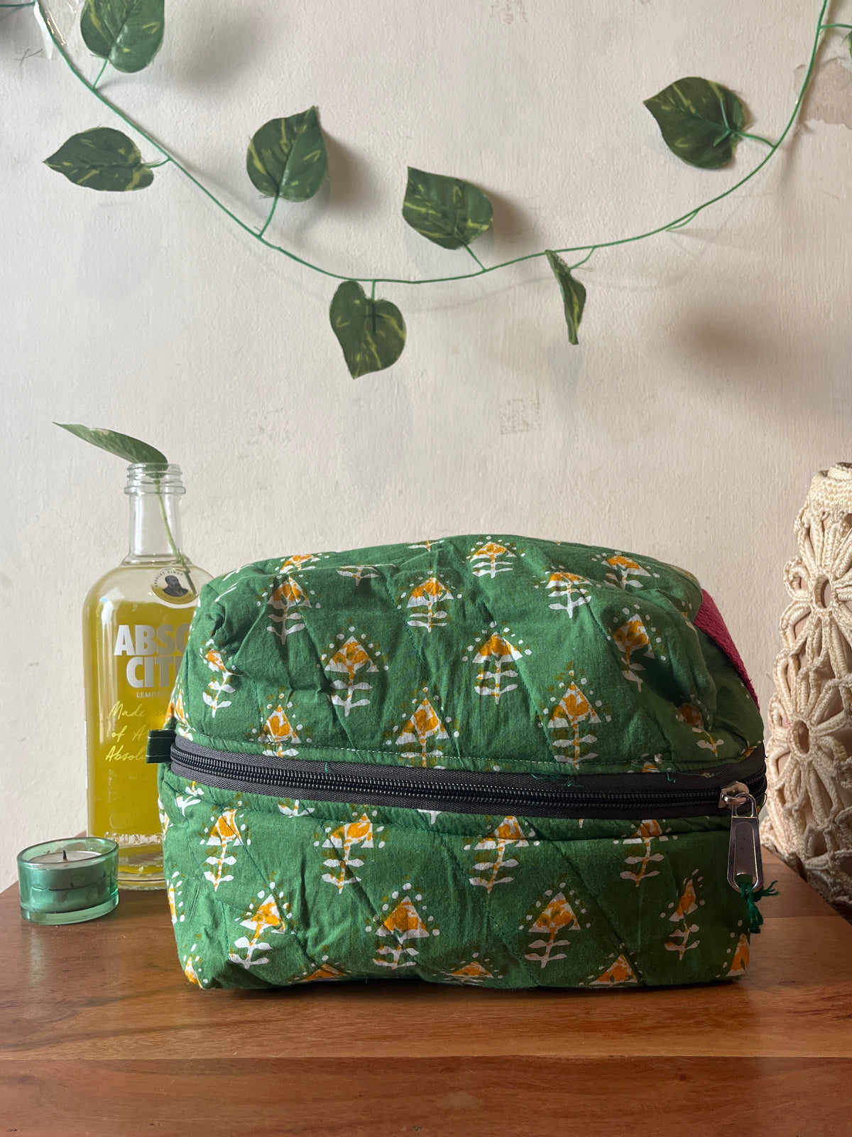 Green Handmade Printed Travel Pouch