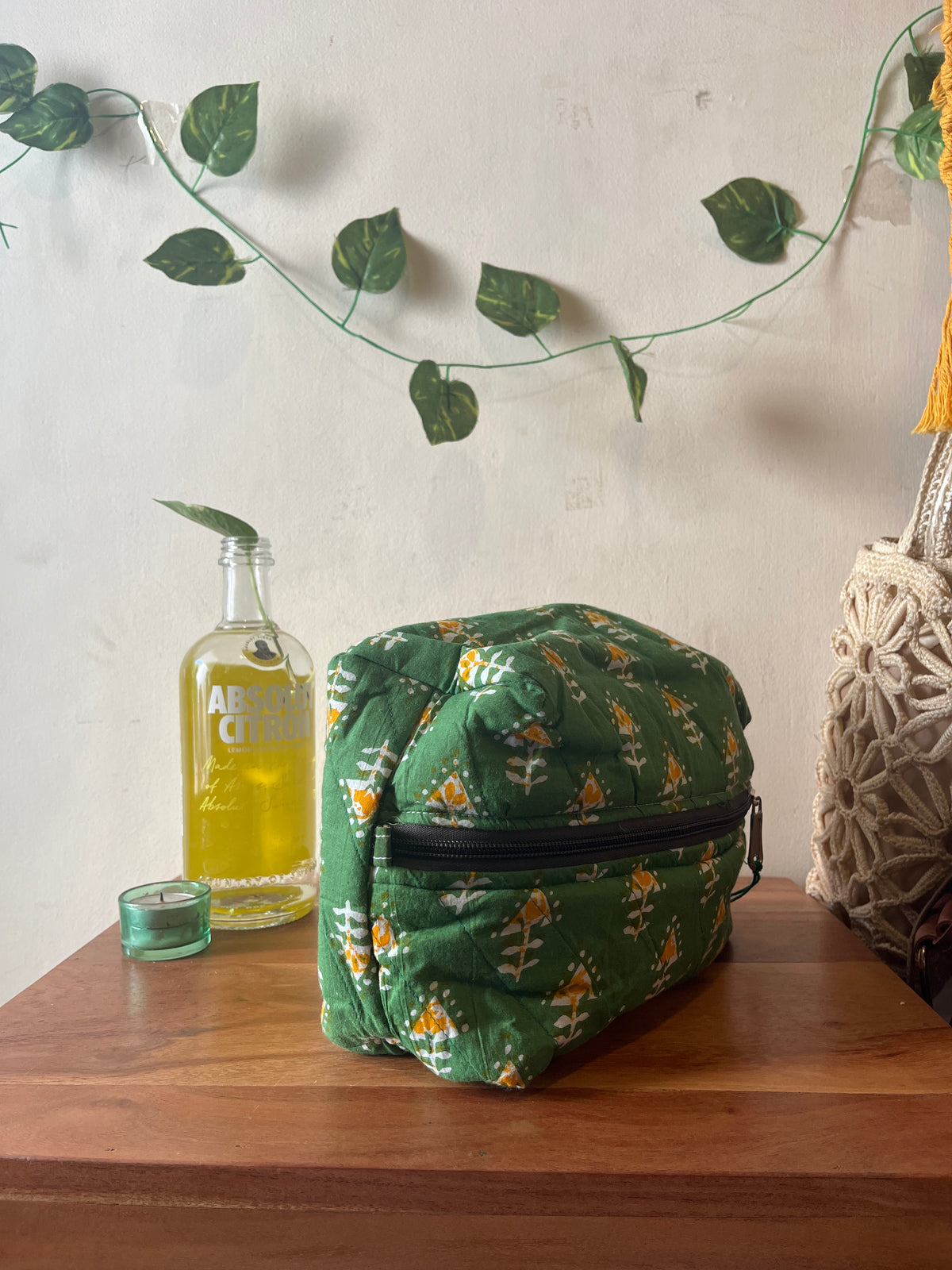 Green Handmade Printed Travel Pouch