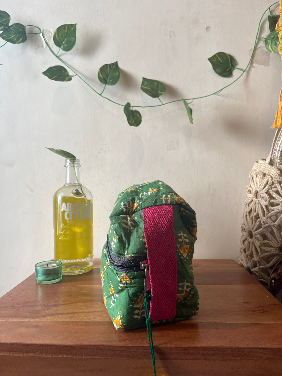 Green Handmade Printed Travel Pouch