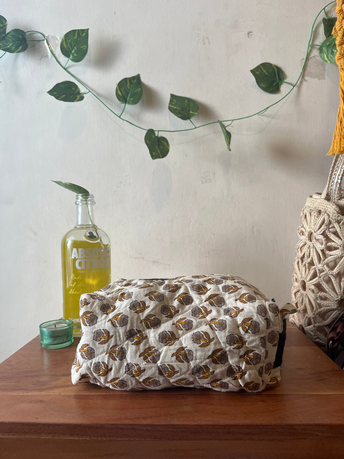 Cream Floral Handmade Travel Pouch