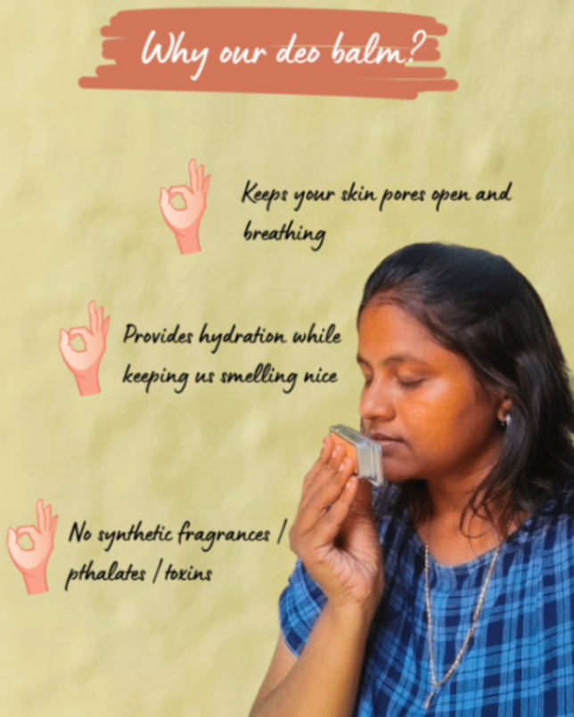 Woman holding a deodorant balm tin near her face beside text describing the balm's benefits.