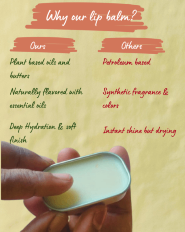 Open lip balm tin held beneath a panel comparing plant-based and petroleum-based formulas.
