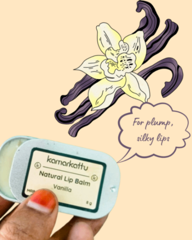 Hand holding a Kamarkattu Vanilla natural lip balm tin beside a vanilla flower illustration.